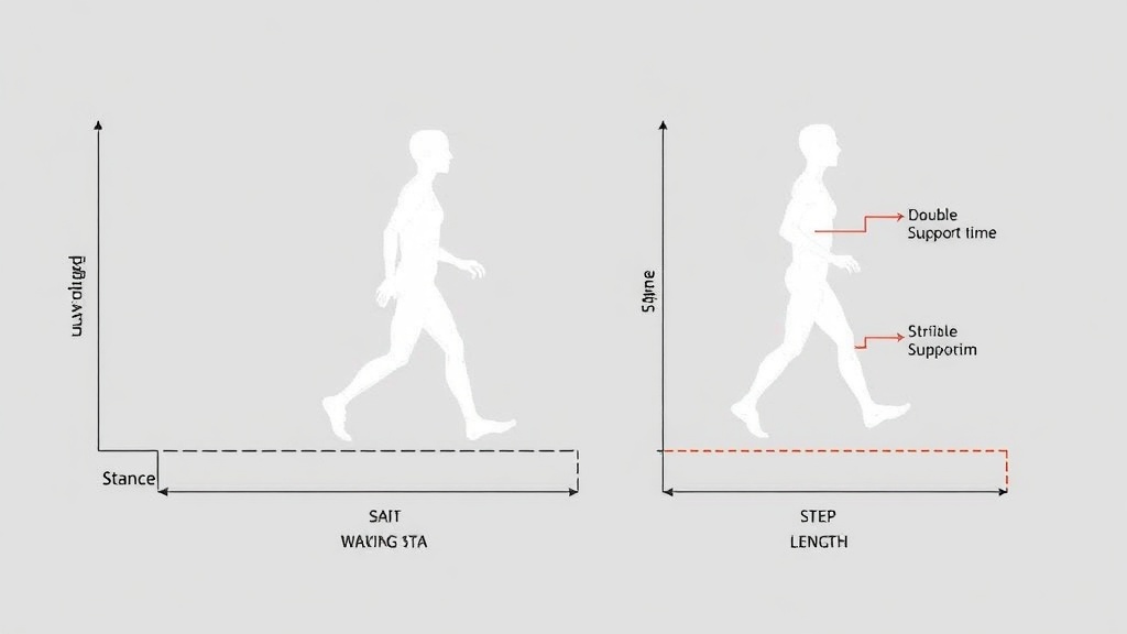 보행 분석에서 활용되는 시간적 공간적 요소의 측정 지표를 나타낸 그림